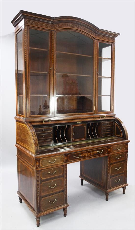 A late Victorian marquetry inlaid rosewood cylinder bureau bookcase, W.4ft 6in. D.2ft H.7ft 3in.